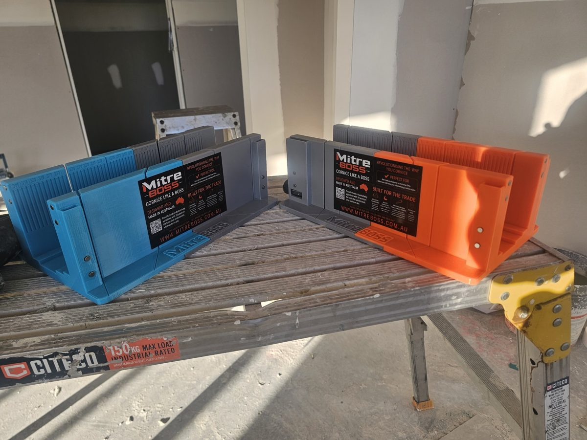 Mitre BOSS cornice mitre boxes in blue and orange — Australian made
